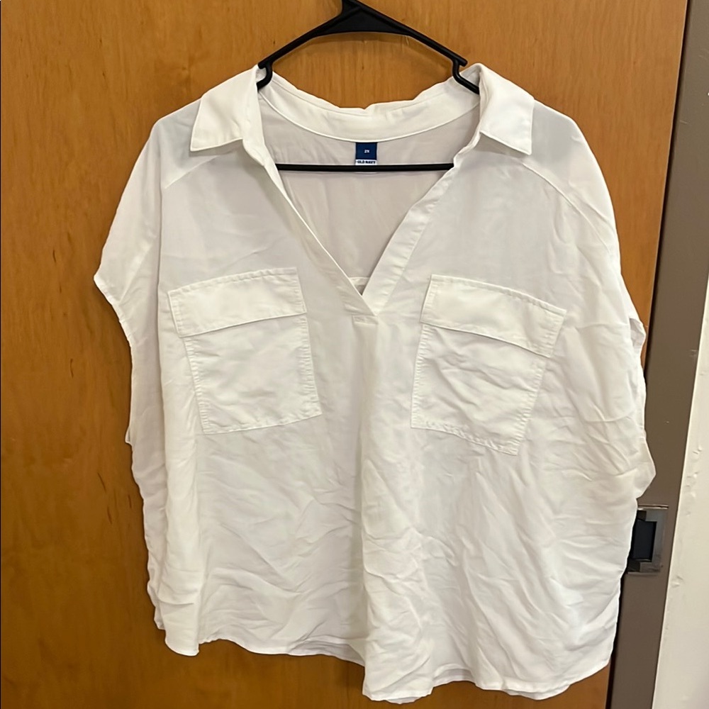 White V-Neck Pocket Button-Back Blouse